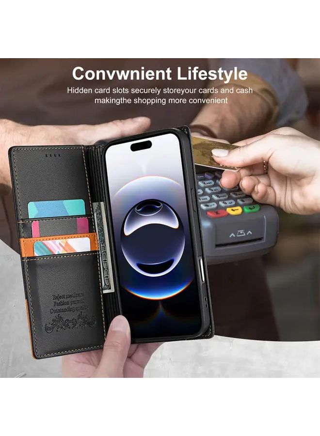 Black Faux Leather Wallet Case Compatible with iPhone 16 Pro for Men and Women - Image 5
